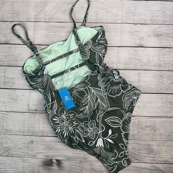 CUPSHE NWT Green & White Floral Print Shirred Cutout One Piece Swim Suit Medium - Picture 9 of 10